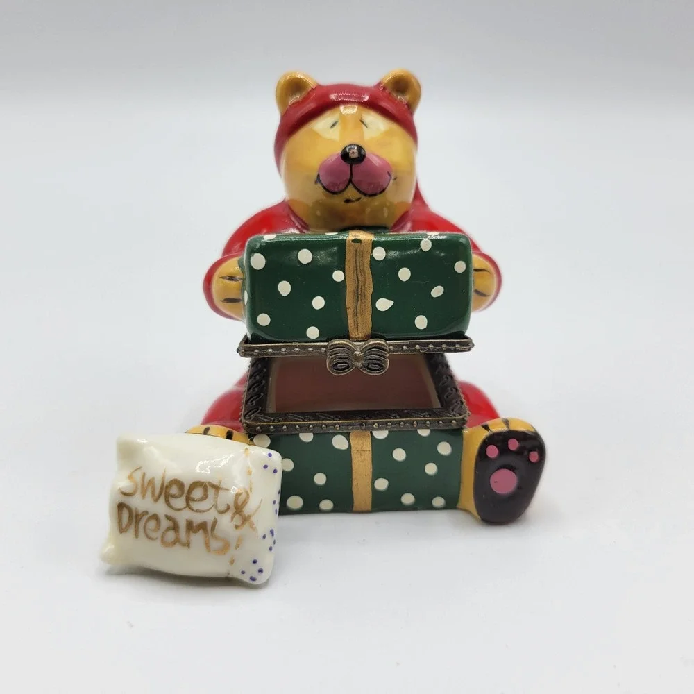 Holiday Santa Bear with Gift Box Sweet Dreams Pillow Hinged Trinket Box Ceramic